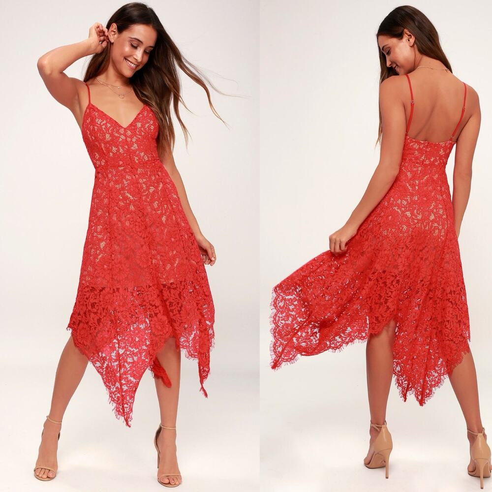 Lulus Womens Dress Size XS Red One Wish Lace Asymmetric Hem Sleeveless Midi